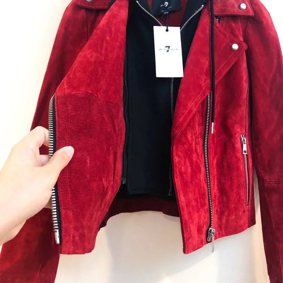 7 For All Mankind Red Leather Bold Western Detachable Hooded Moto Zip Jacket NWT - Picture 7 of 11